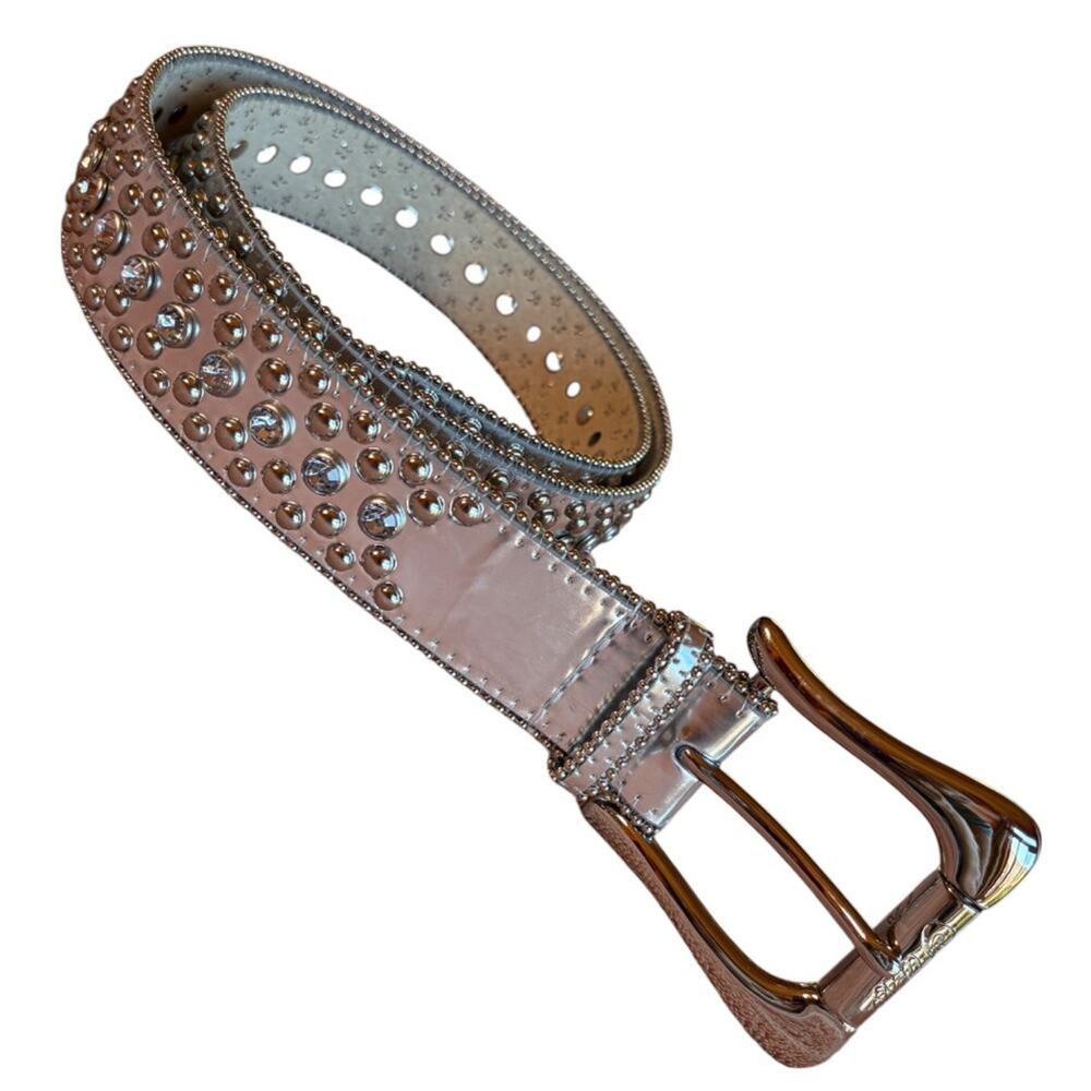 Guess Studded Rhinestone Silver Metallic Leather Bling Belt L or XL(?) Pls Read